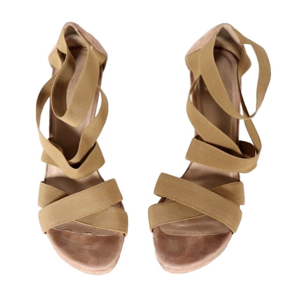 Stuart Weitzman Women 9.5M Beige Sandals Elastic Straps Suede Open Toe Heel Pump